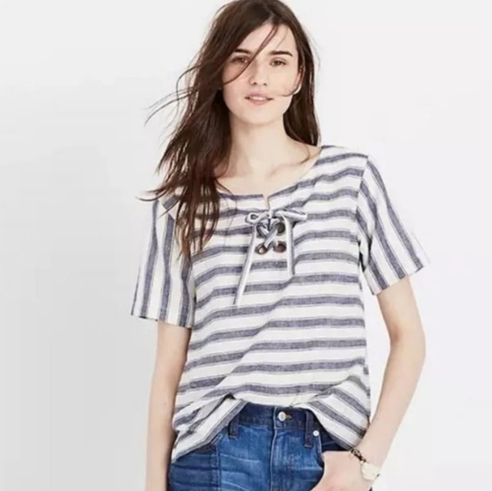 ❤️ MADEWELL STRIPED LINEN LACE UP TOP, SMALL
